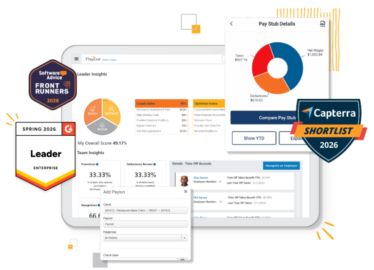 Paycor HCM product dashboard showing payroll and HR screens