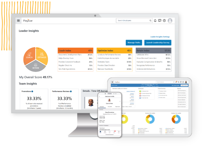 Paycor HR and payroll dashboard screens showing employee management interface