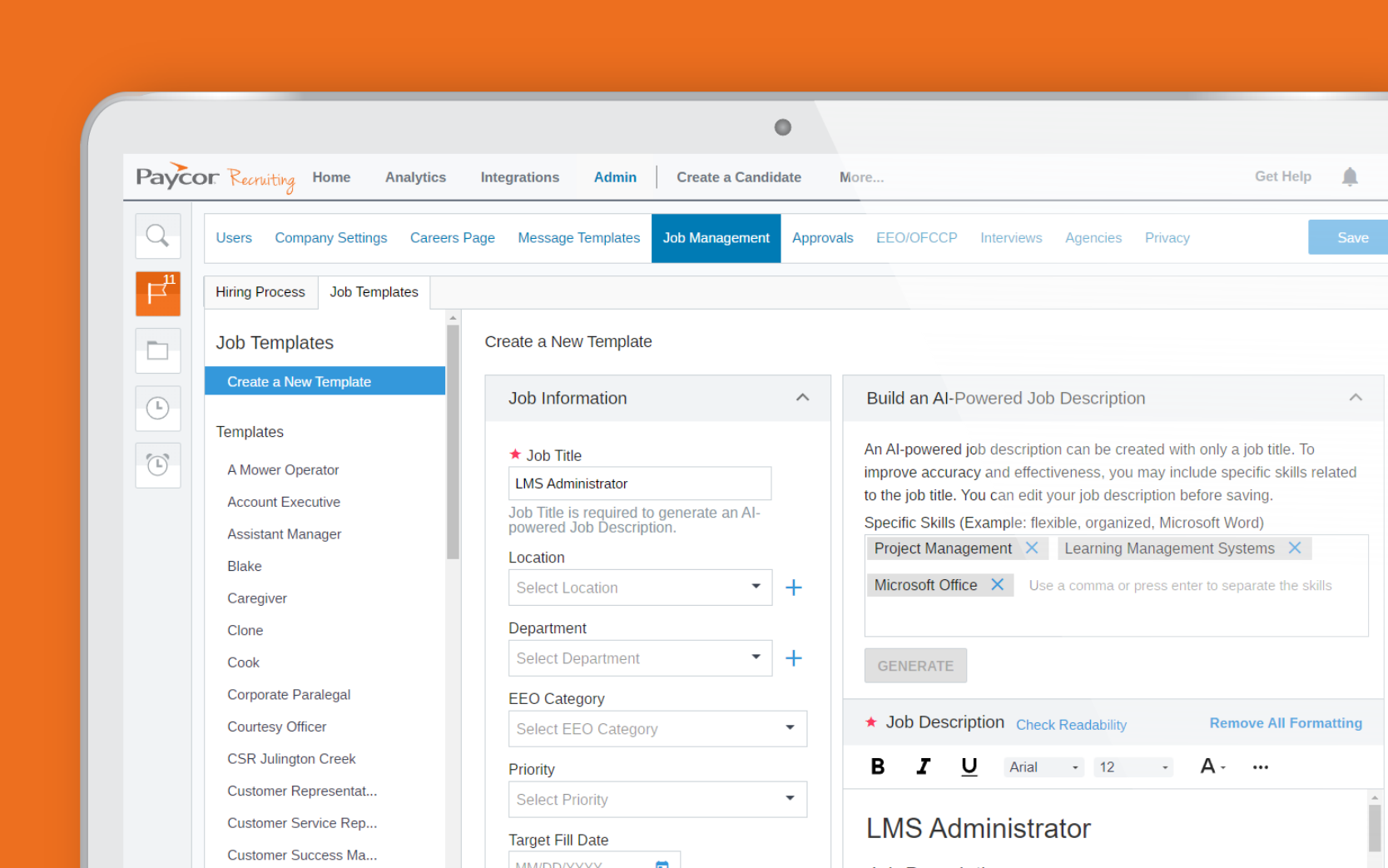 Paycor recruiting and applicant tracking feature screen