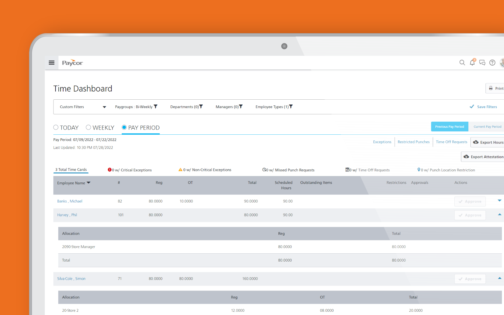 Paycor time and attendance feature screen
